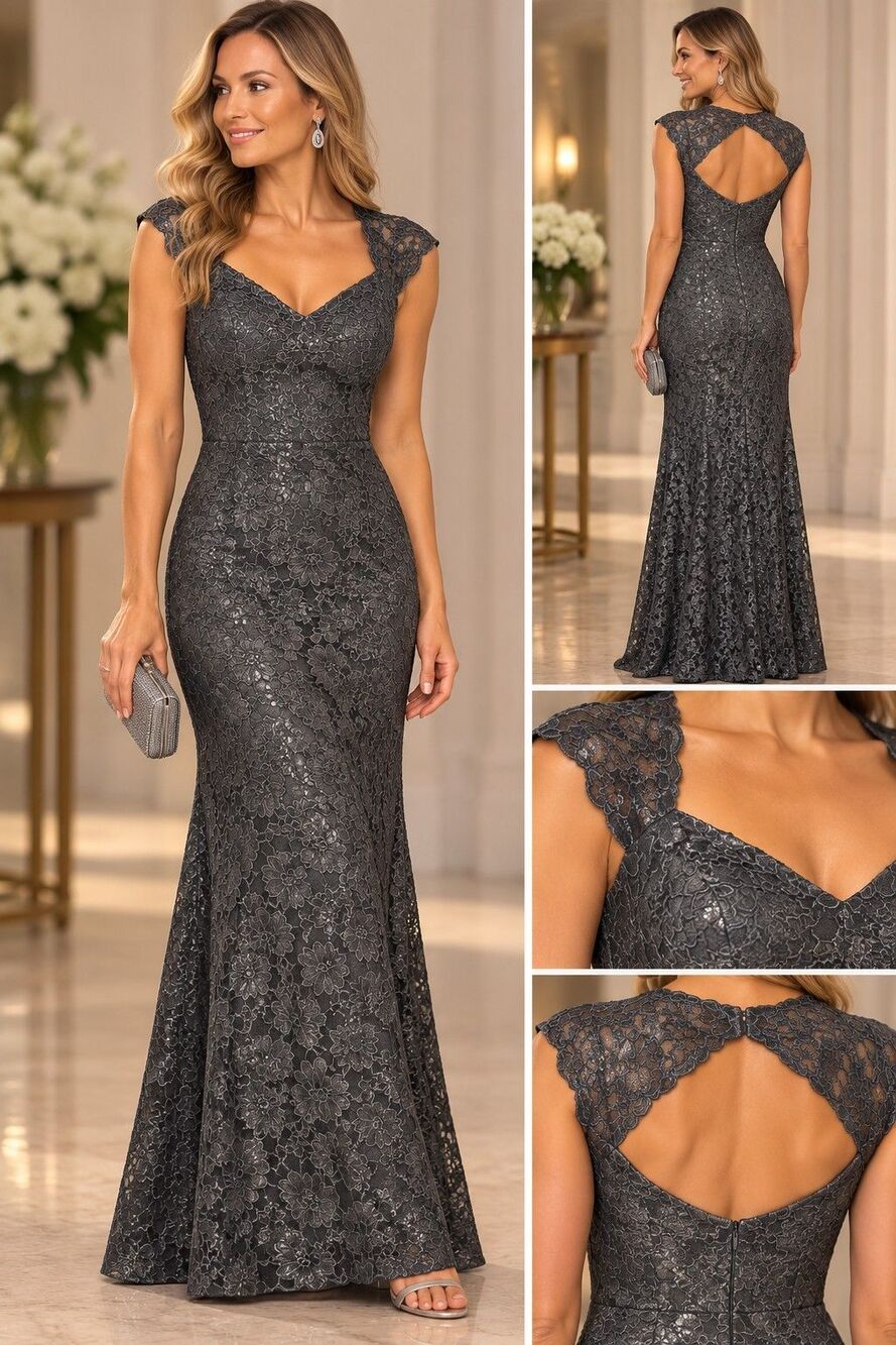 Lauren Ralph Evenings Black Formal Maxi Evening Gown 10 Slate Gray Lace Ret $395